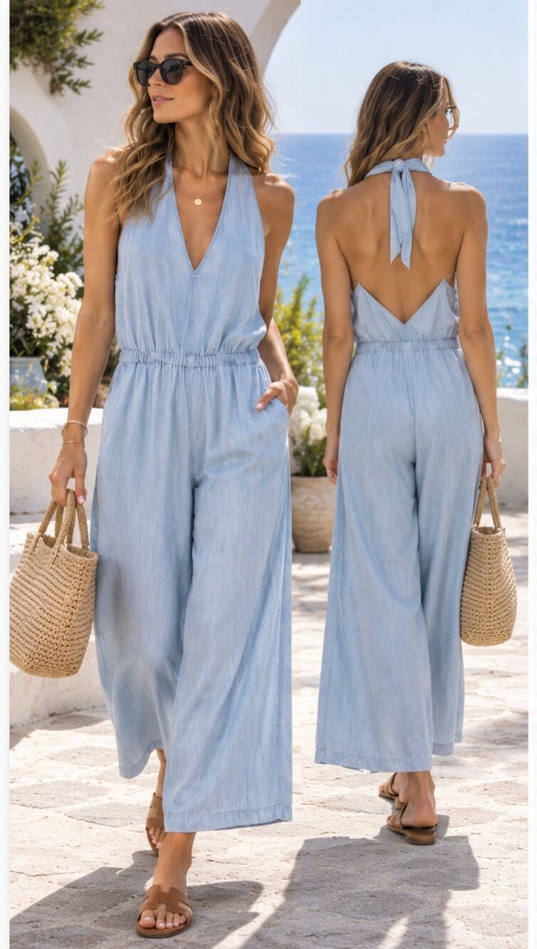 Bella Dahl Tencel Wide Leg Halter Jumpsuit Size M Light Wash Chambray
